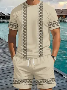 Ethnic pattern men's 3D digital printed two-piece set, 2Pcs, Top, trendy, Stylish and fashionable set, trendy retro casual two-piece set, vacation-style trendy outfit, breathable sporty and casual style, a perfect holiday gift for men