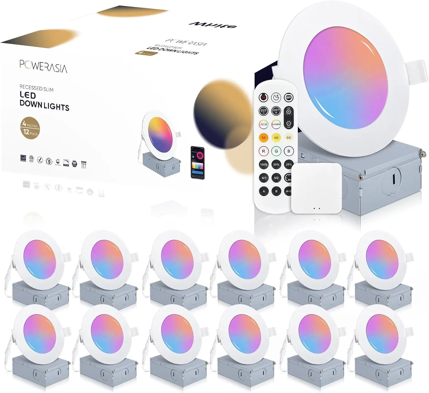 POWERASIA 4/6Inch Smart Recessed RGB Color Lighting App Panel Dimmable LED Downlight for Christmas Gameroom Party Energy Saving Voice Control High CRI 700LM 9W Easy Installation