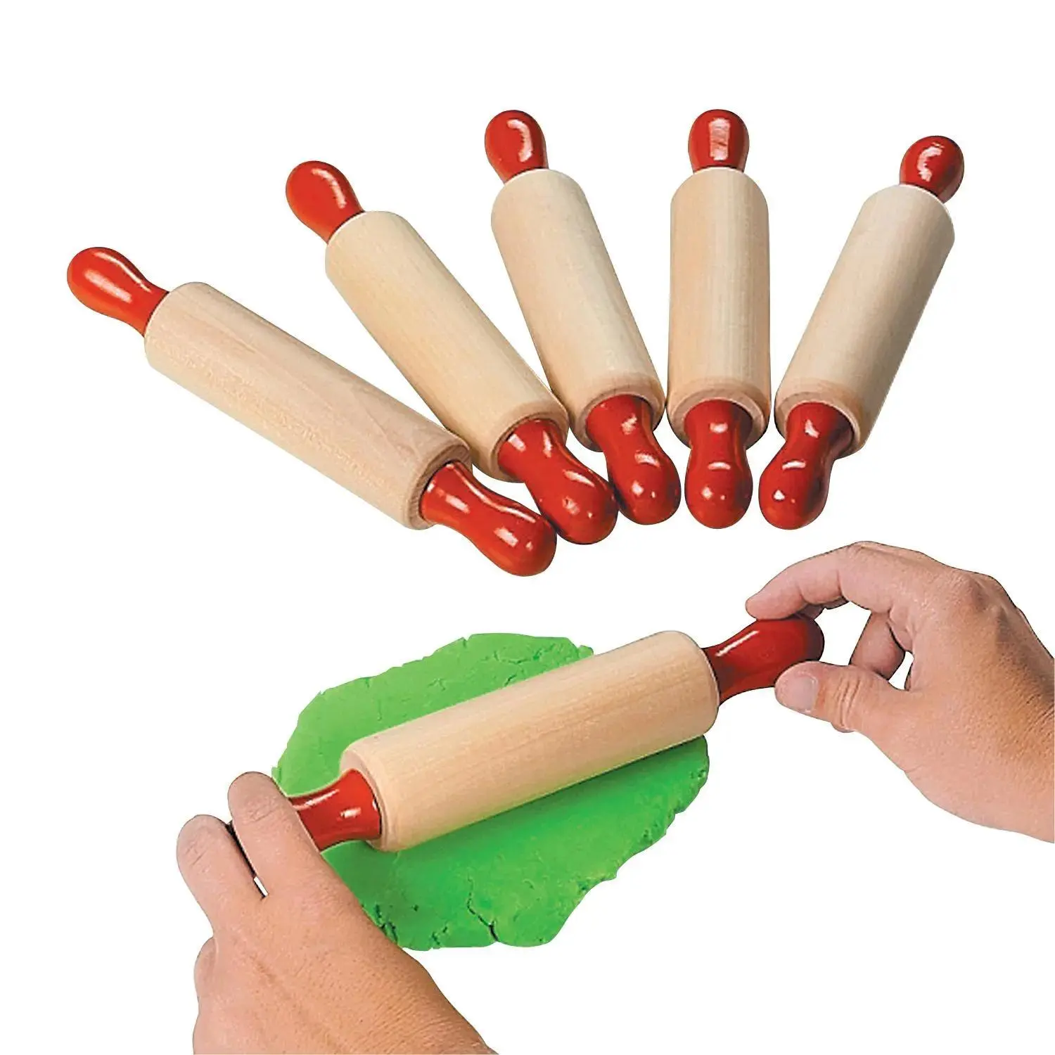 9" Small Classic Wood Dough Rollers with Red Handles - 6 Pc.