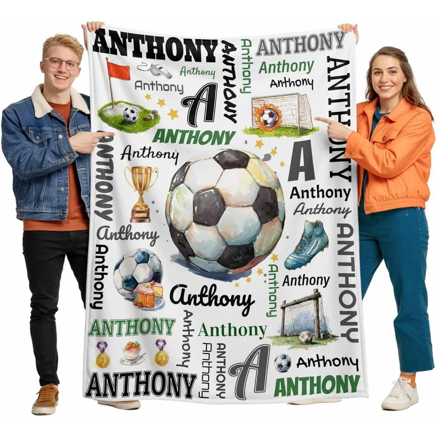 Shipped Next Day, Personalized Soccer Blankets for Boys Girls - Custom Name Sports Blanket for Kids - Customized Soft Warm Throw Blanket Soccer Gifts for Fans, Lovers - 50x60