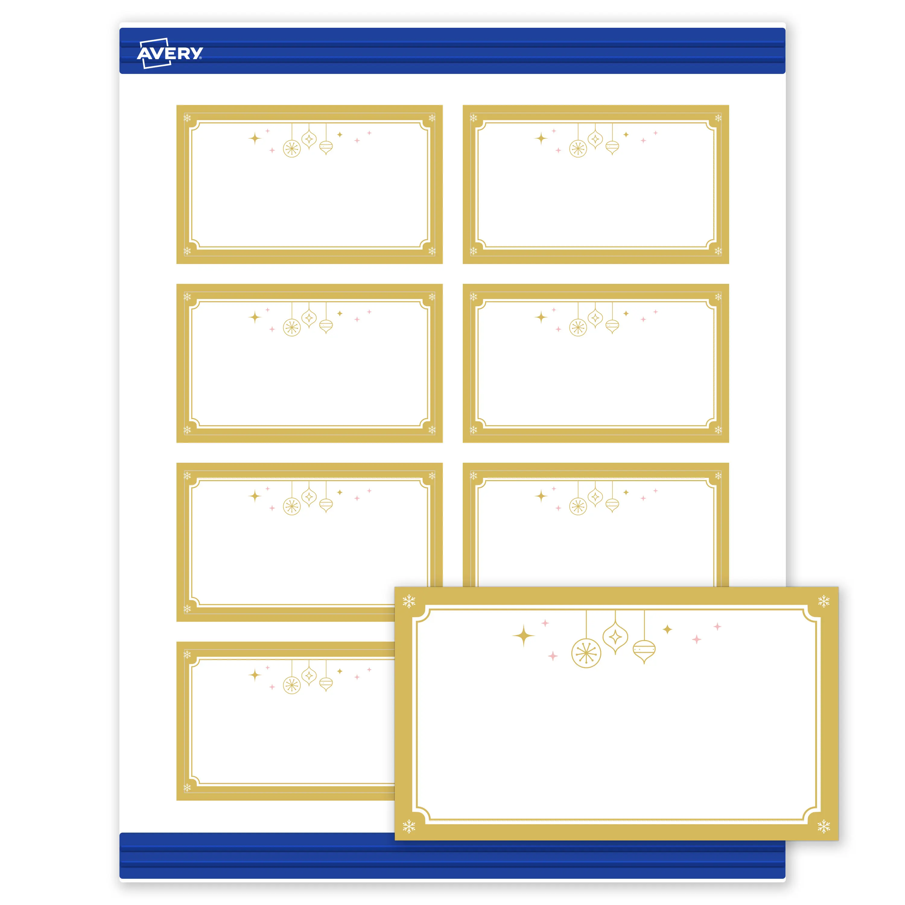 Avery® Printable Christmas Business Cards with Sure Feed® Technology, Rectangle, 2" x 3-1/2", Pre-Printed Metallic Gold Hanging Ornaments Design, Matte White, Laser & Inkjet Compatible, 80 Total