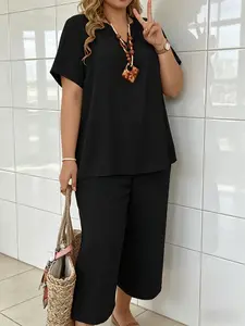 Women's Plus Size Elegant Wide Leg Pants Set Solid Short Sleeve Casual Outfit Two Piece Matching Set Flowy Trousers High Waist Summer Fashion Trend Mother's Day Gift Idea 2026