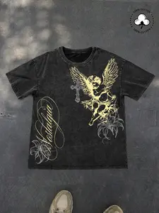 One Men's Vintage Graphic Tee, Distressed Black with Gold Angel Design, 100% Cotton for Street Style and Casual Outfits