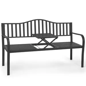 BODIOO Outdoor Metal Garden Bench 59" Patio Bench with Built in Table Park Bench, Outside Bench Weather Proof Front Porch Bench, 500lbs, Gray