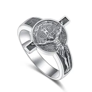 Crucifix Cross Ring Sterling Silver St Benedict Jesus Rings for Men Medalla de San Benito Jewelry Gifts Size 13.5