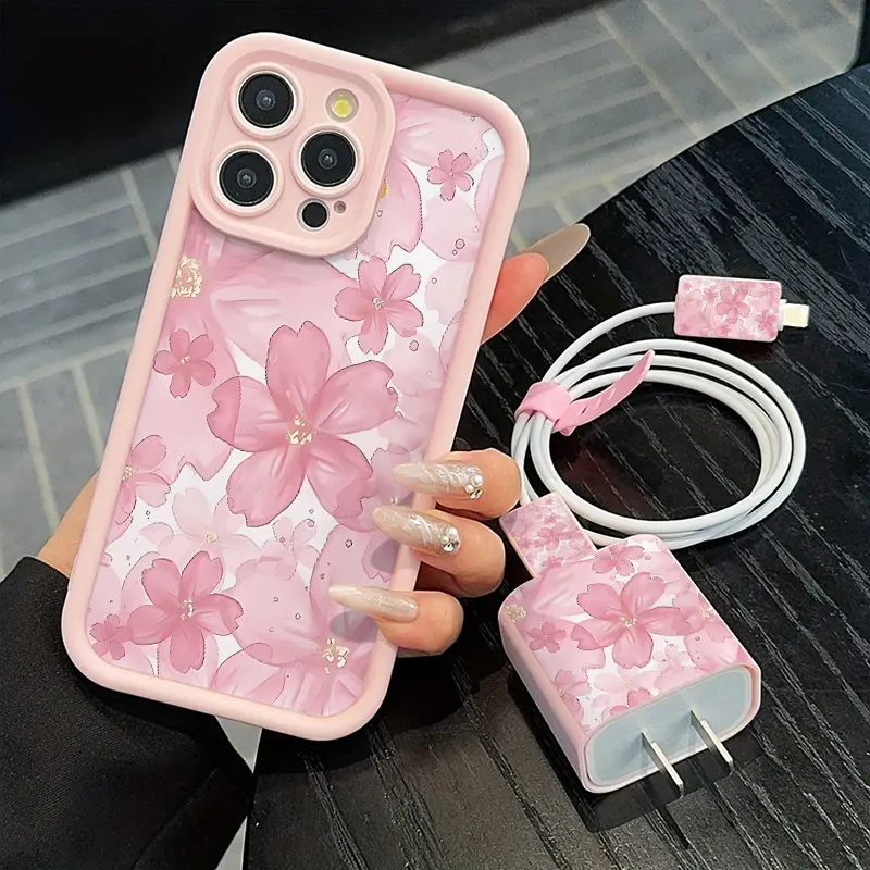 Floral iPhone Case Set with Charger Cover, Cable Protector & Storage Rope, Anti-Drop Tpu Shell for iPhone Models, Perfect Gift