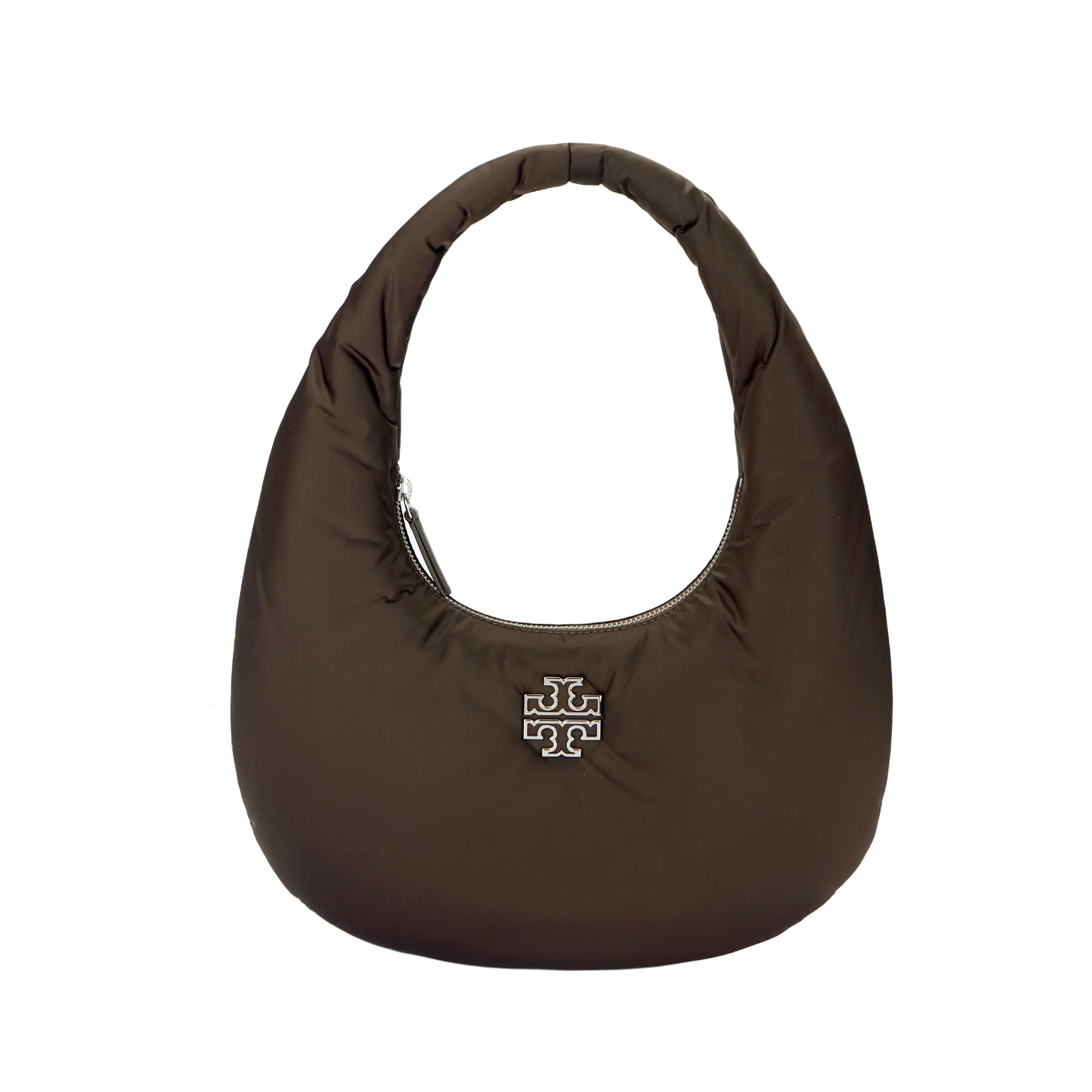 Women's Tory Burch Britten Nylon Pleated Underarm Tote Handbag, Brown Fashionable Versatile Purse, Handheld Bag Purse