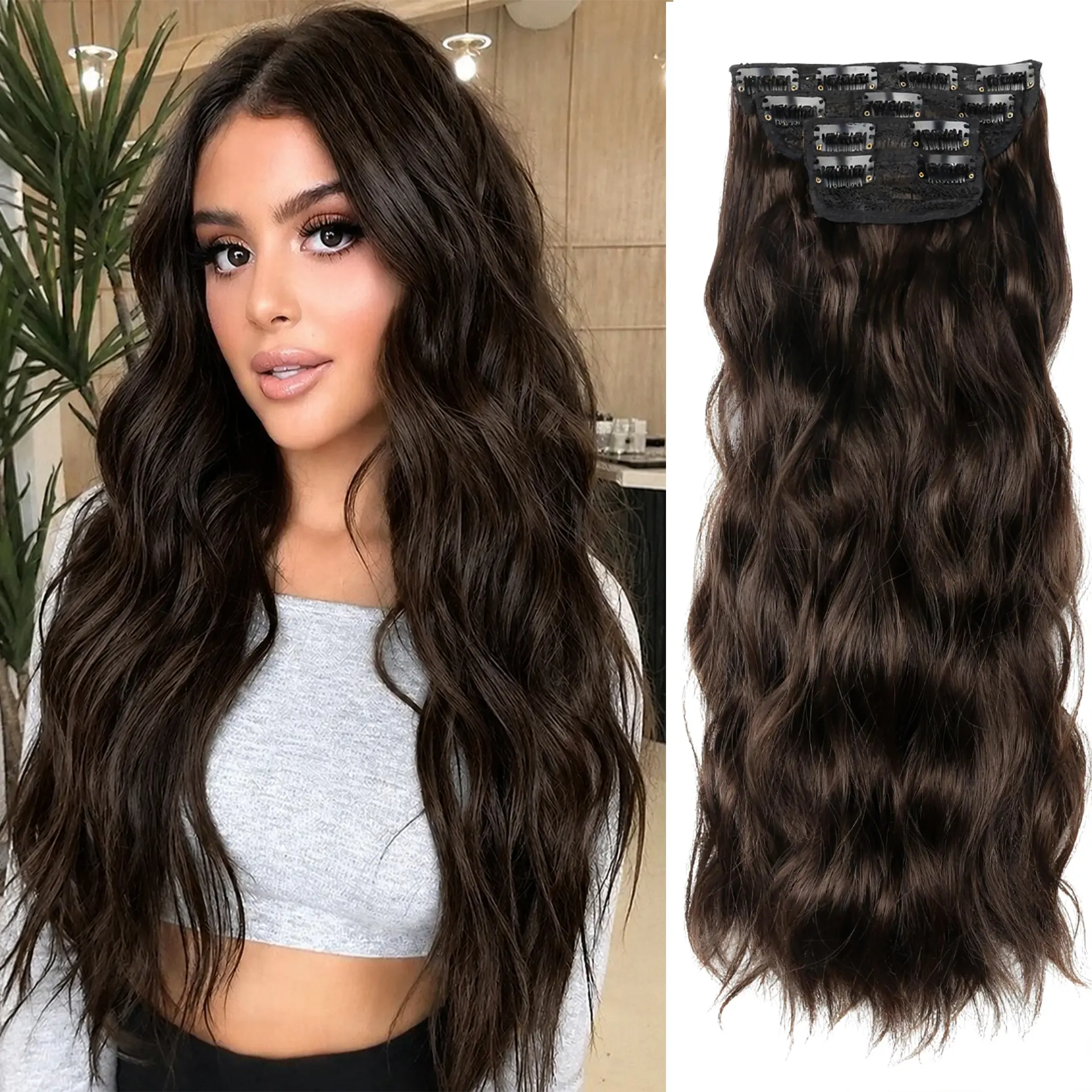 Wavy Clip in Hair Extensions 20 Inch Long Wavy Clip in Hair Extensions for Women 4 PCS Soft Synthetic Natural Looking Curly Hairpieces Voluminous Easy Wear Daily Party day comfort thick double weft