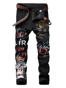 Men's Trendsetting Skinny Jeans With Alphabet Graffiti Print - Comfortable Stretch Denim for Streetwear Elegance Men Jeans Para Hombre