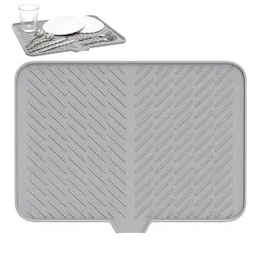Silicone Dish Drying Mat with Built-in Drain Lip - Hygienic Drying Pad - Sturdy Compact Easy to Clean Tray Protects Surfaces Prevents Water Build Up - 23 X 17