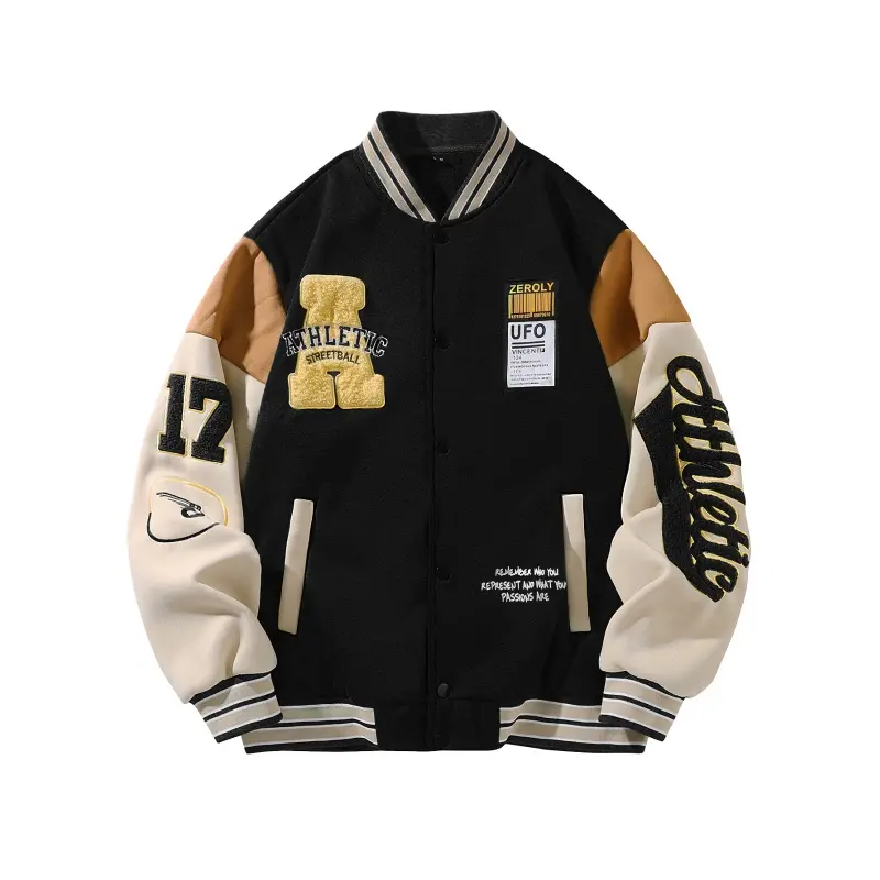 Men’s Stylish Loose Baseball Coat, Menswear Spring-Autumn Single-Piece Outerwear, Color-Block Patchwork Ribbed Striped Collar, Single-Breasted, Letter-Number Appliqué Embroidery & Text Print, Holiday Outdoor/Everyday Commuting Casual Top