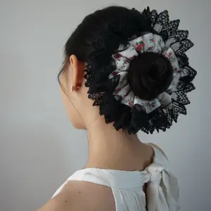 Lace Ruffle Scrunchie Victorian Rose Floral Hair Tie With Ribbon Double-layer Lace Scrunchies