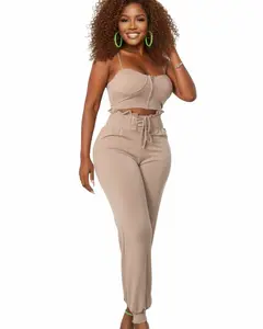 2 pc set - Bustier Spaghetti Strap Corset with Matching Pants Set, Taupe Brown and Gray, Elastic Band with High Waist Cargo Style Comfy