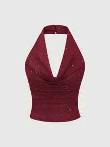 Women's Halter Tank Top  Sparkle Glitter Shimmer Sequin Ruched Blouse - Party Outfit Essential,GlamFashion