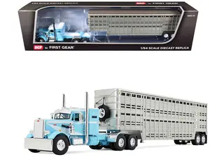 Peterbilt 351 with 36" Vintage Sleeper and 45' Wilson Trailer Light Blue with Stripes 1/64 Diecast Model by DCP/First Gear