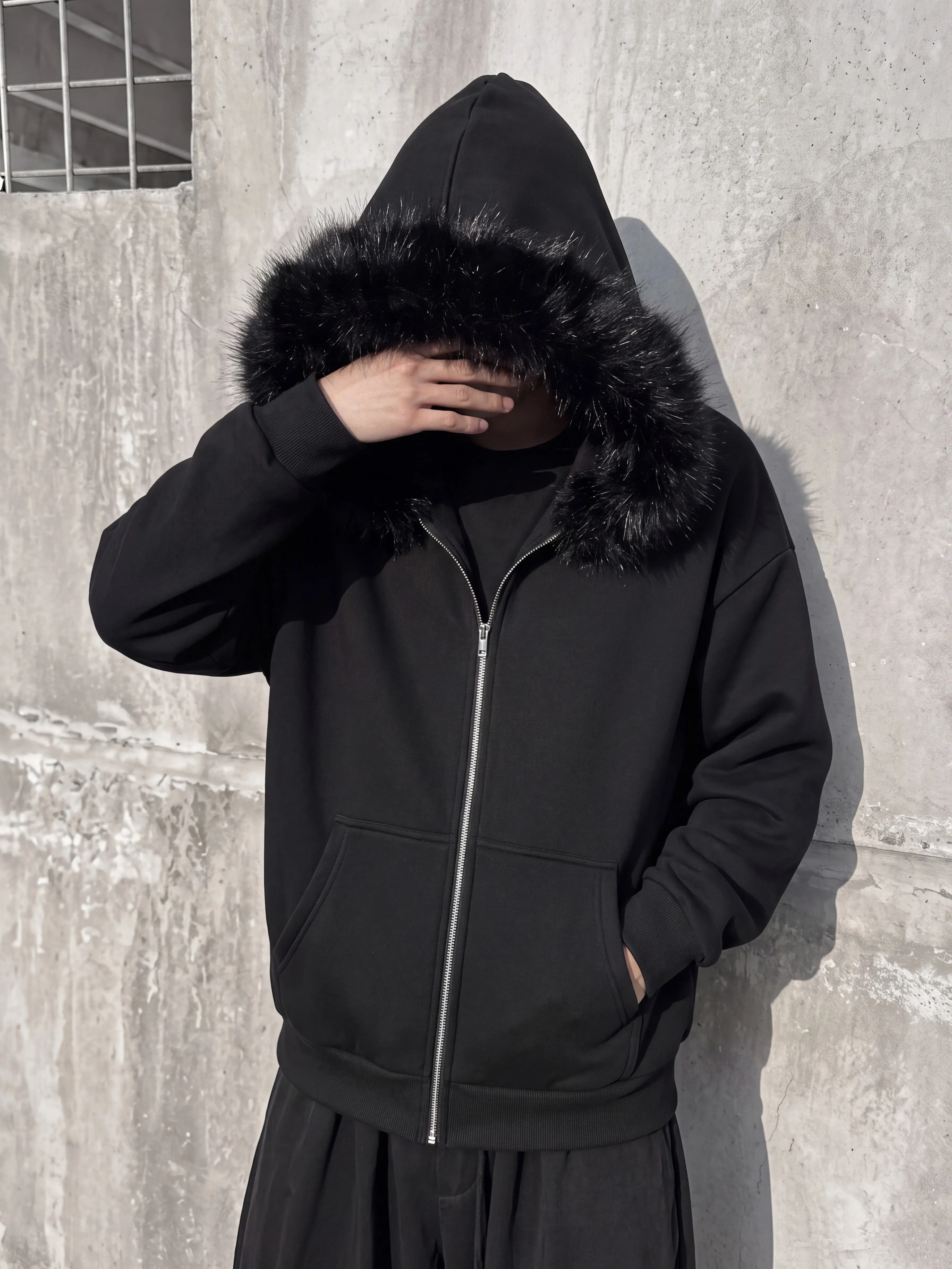 2026 New Unisex Drop-Shoulder Zip-Up Hooded Sweatshirt, Faux Fur Collar, Loose Street Style Y2K Heavyweight Hoodie, Cardigan-Style Thickened Sweatshirt, Polyester Sweatshirt clothes Casual Black