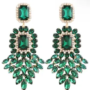 Women Crystal Rhinestone Dangle Earrings - Elegant Green Gemstone Design with Silver Accents