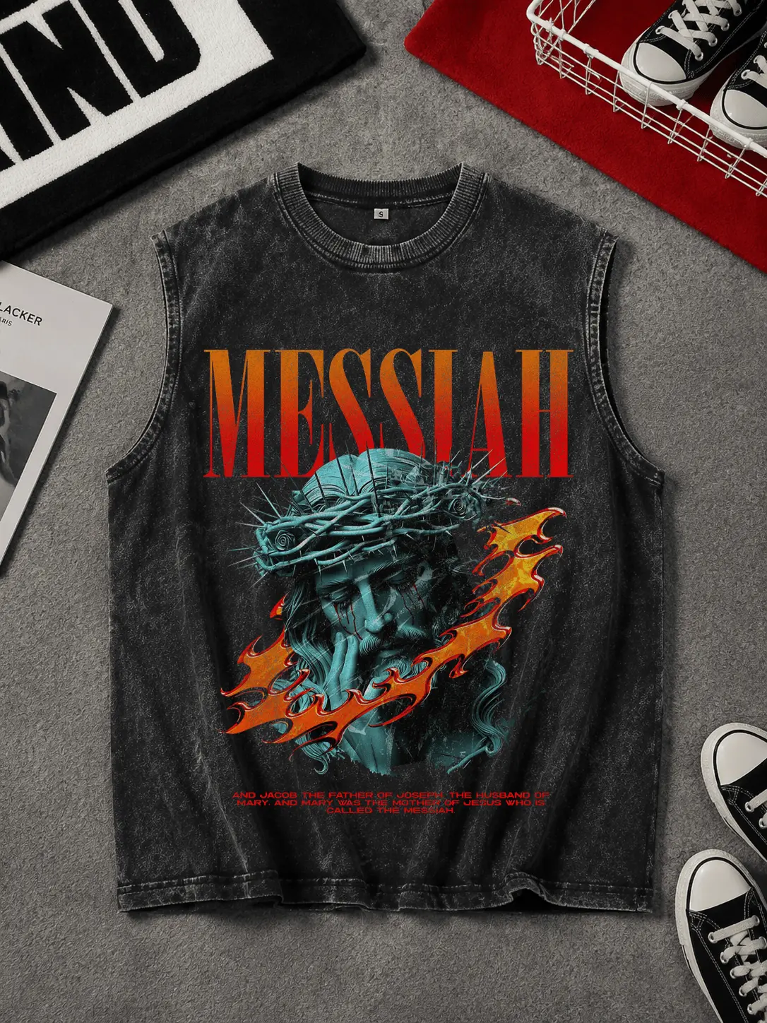 Menswear ，Streetwear Jesus Prays，Men's Vintage Gothic Oversized SleevelessGraphic Vest - Washed Black, Y2K Streetwear, SummerCasual Top singlets