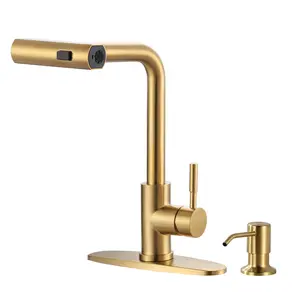WOWOW Durable Steel Waterfall Kitchen Faucet with Soap Dispenser, Pull-Down 3-Mode Sprayer, Modern Glam Sink Tap, Available in Brushed Gold, Matte Black, Brushed Nickel, Chrome, Oil-Rubbed Bronze, Black & Gold, Waterfall Kitchen Taps