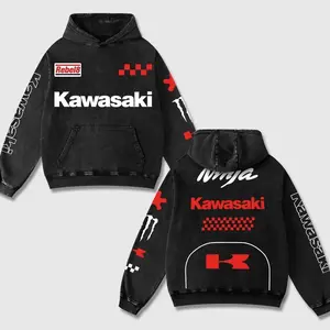 Retro Red Monster x Kawasaki Ninja Racing Washed Hoodie MotoGP World Champion Enthusiast Apparel Streetwear Helmet Racing Team Super Motorsports Clothing Riders Motocross Off-Road Dirt Bike Fan Gear Cotton For Motor Fan D