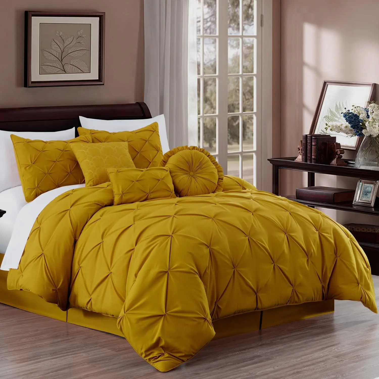 Sydney Contemporary 7-Piece California King Size Comforter Set - 7-Pintuck, Mustard Yellow, Lightweight Piped Edges Pinch Pleat Comforter with Decorative Pillows for Year-Round Use