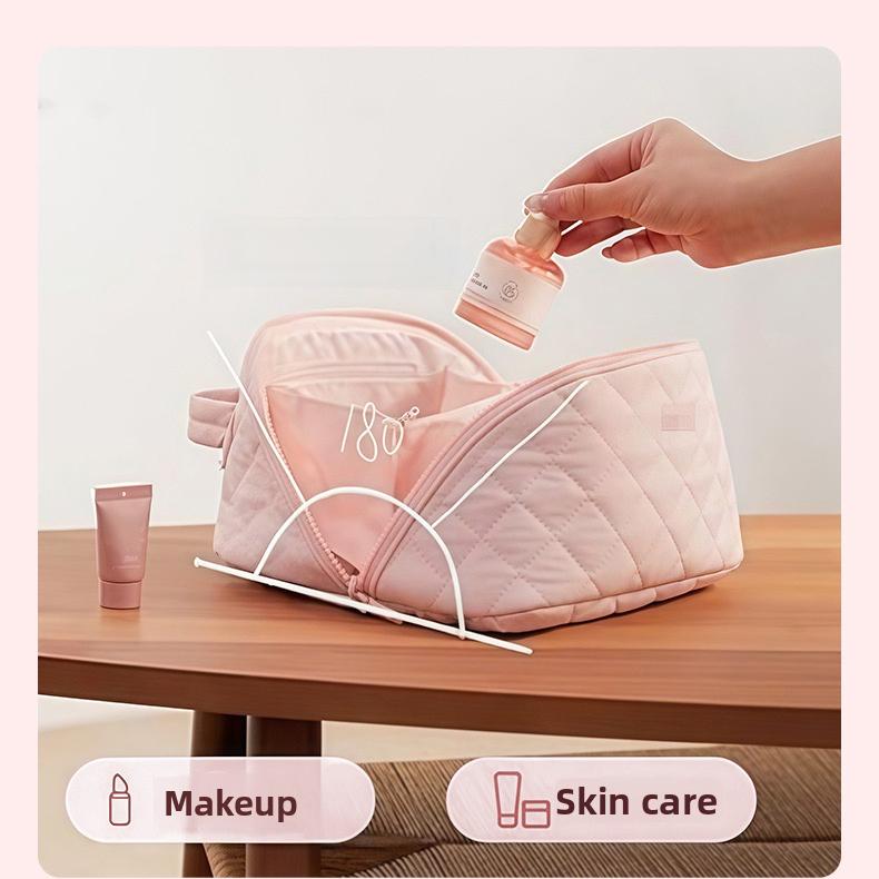 Travel Makeup Bag for Women - 180° Lay-Flat Large Puffy Cosmetic Organizer with 5 Compartments, Machine Washable Puff Bag, Ideal Gift for Her