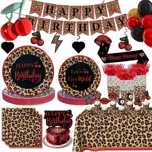 Red Cheetah Print Birthday Party Decorations Pack, 25 Guests Cherry Leopard Print Includes Cardstock Plates Tablecloth Banner Hanging Swirls Balloons Cake Topper for Women Girls Gone Wild