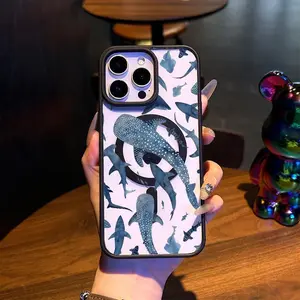 Trendy Magnetic Case for iPhone xs xr 11 12 13 14 15 16 17 promax, Whale Shark Dolphin Ocean Pattern Ultra Slim, MagSafe Support Shockproof  Bold & Wild Sea Style Smartphone Protection Cover Screen Protector.QXE214.designer,case Protective Casing