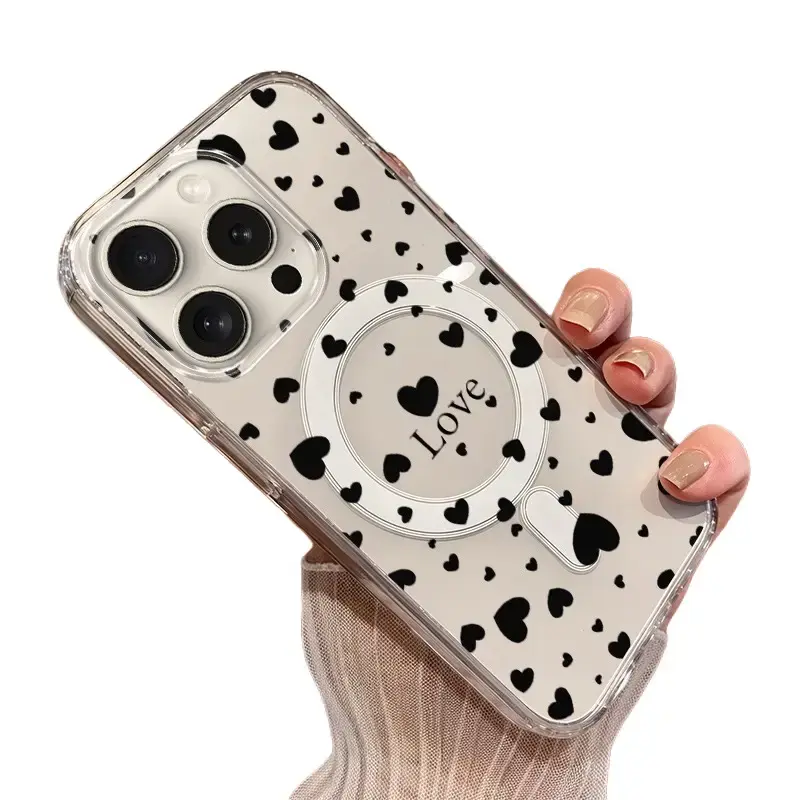 Romantic Love Heart Art Symbol Phone Case For iPhone 11/12/13/14/15/16/17 ProMax Air Plus X XS Max 16E 17E Minimalist Decorative Valentines Day Themed Cover with Black Hearts on White Background, Trendy Acrylic Protective Shockproof Slim Cell, Crystal, Sm