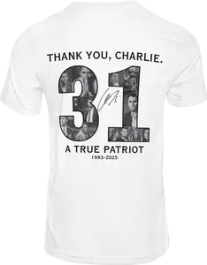Thank You Charlie Freedom Crew Neck T-Shirt - White Short Sleeve Casual Regular Fit Tee with Thank You, Charlie. 31 A True Patriot 1993-2025 Design