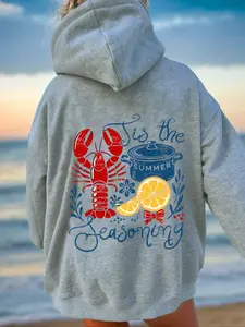 Chic Women's Lobster Print Fitted Hoodie with Drawstring Detail & Pocket, Casual Long Sleeve Pullover, Fall Winter Wear
