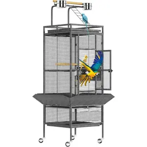 61" Large Bird Cage with Play Top – Portable Metal Aviary on Rolling Stand with 360° Casters, Secure Lock, Easy-Clean Bottom Tray & 4 Stainless Steel Bowls for Parrots, Cockatiels & Conures