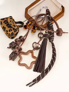 Faux Leather Leopard Handbag Coin Purse Keychain With Tassel Charm Key Ring Fringe Keychain Beaded Charms Keychain Braided Rope Lanyard Bag Pendant Car Backpack Key Chain Bag Purse Charm Accessories Hanging Decoration, Stylish Keychain