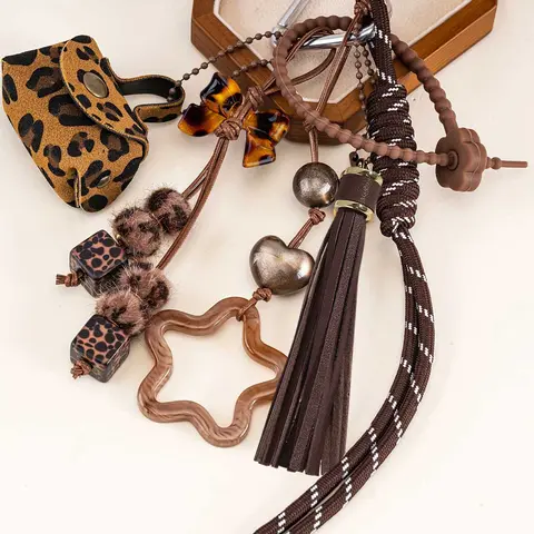 Faux Leather Leopard Handbag Coin Purse Keychain, Keychain Accessory, With Tassel Charm Key Ring Braided Rope Lanyard Bag Pendant Hanging Decoration, Key Accessories