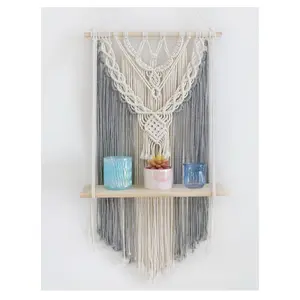 Macrame Hanging Shelf Grey Floating Shelves Rope Shelf for Wall Hanging Plants Grey Boho Decor for Bedroom Living Room, Gift for Housewarming, 1 Tier