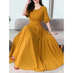 Women's Mustard Yellow A-Line Casual Dress - Puffed Sleeves, Cinched Waist, Round Neck, Ruffled Hem, Machine-Washable Polyester Fabric, Structured Fit, for 2-3 Season Casual to Semi-Formal Wear, Casual Wear