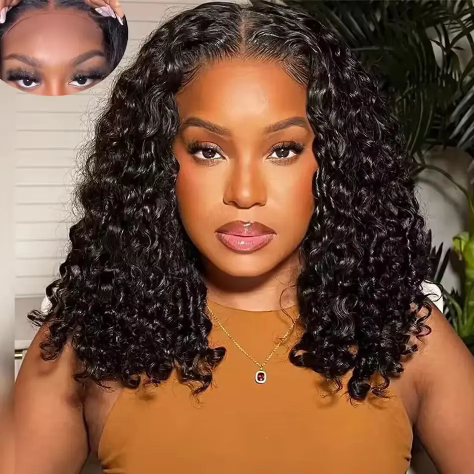 Bling Hair Glueless Short Deep Wave Lace Closure Wigs Malaysian Human Hair Wig Glueless 13x4 13x6 HD Lace Frontal Wigs Wear and Go Short Deep Curly Wigs For Women