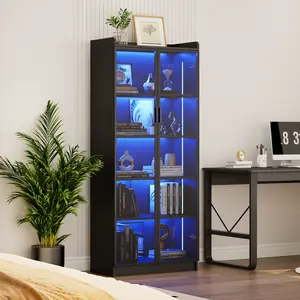 Lvifur Display Cabinet with Doors and Adjustable Shelves, 65" Tall Bookcase with LED Lights/Human Sensor, 5 Tier Display Case for Collectibles Bedroom Living Room Office