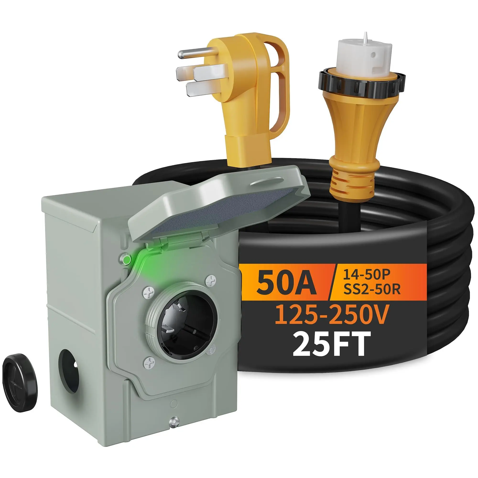 GAOMON 50A 25FT Generator Cord with Pre-Drilled NEMA SS2-50P Inlet Box, NEMA 14-50P Male to SS2-50R 125/250V Twist Lock Connector, ETL Listed for Generator-to-House Use, Pre-Drilled Box