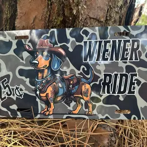 Wiener Ride Camo License Plate, Cowboy Car Accessories, Vanity Plate - Lightweight Aluminum, Pre-Drilled holes, Easy Installation