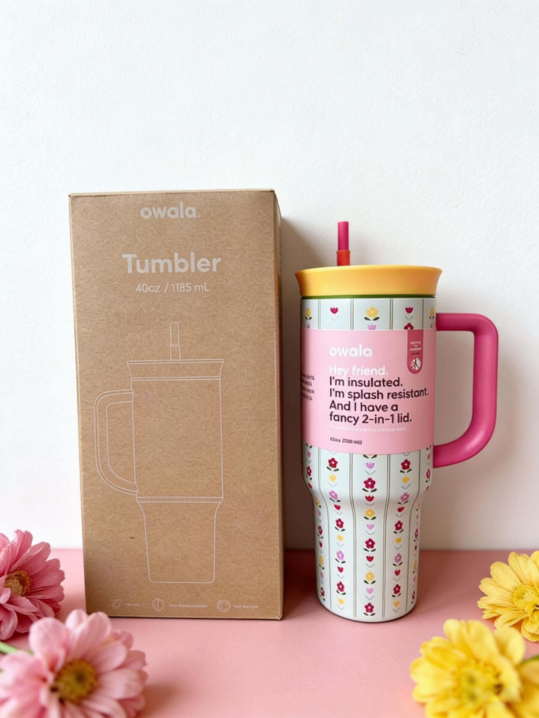 Owala 40oz Large Capacity Insulated Tumbler with Straw and Handle, Double Wall Stainless Steel, Leak Proof, Ideal for Car, Travel, Camping, School & Office Drinkware Flasks Mug Bottles Bottled Portable frozen drink water purple poinsettia black cherry