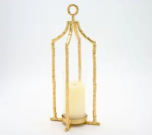 19" Decorative Bamboo Style Lantern with Candle by Kim Gravel