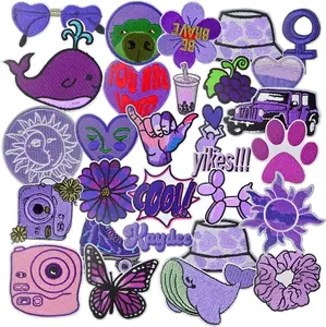 30pcs Purple Series Embroidered Iron on Patches Mixed Daisy Flower Paw Print Letters Sewing Patch Appliques for DIY Clothing Jackets Jeans Pants Backpacks Repair Decoration