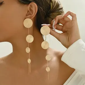 Exaggerated and stylish trendy earrings with DDES0217  round pendants and tassel design, 14K Gold-Plated