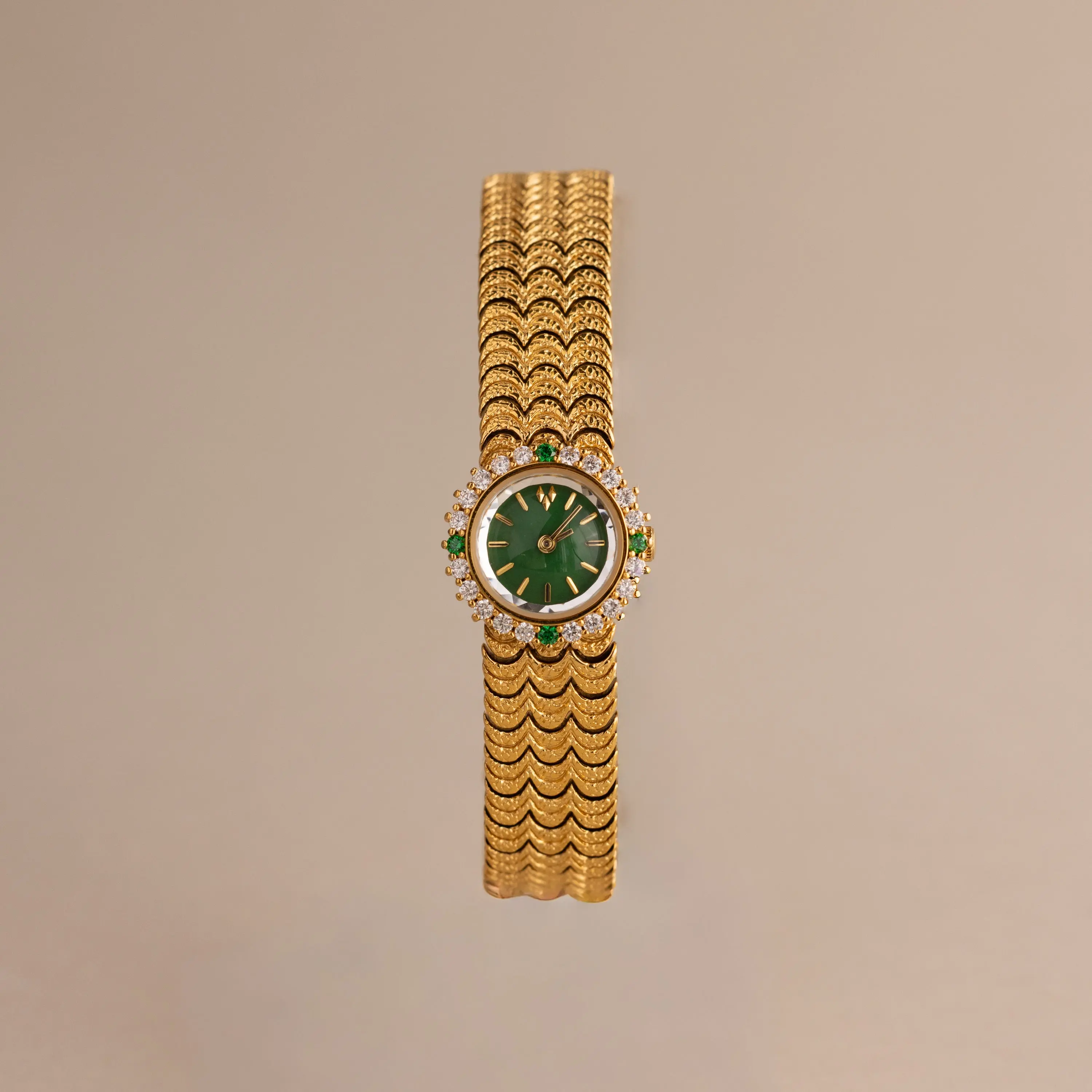 Emerald Scalloped Timepiece by Caitlyn Minimalist - Vintage Green Emerald & Diamond Gemstone Watch in 18K Gold - Art Deco Jewelry - Birthday Gift
