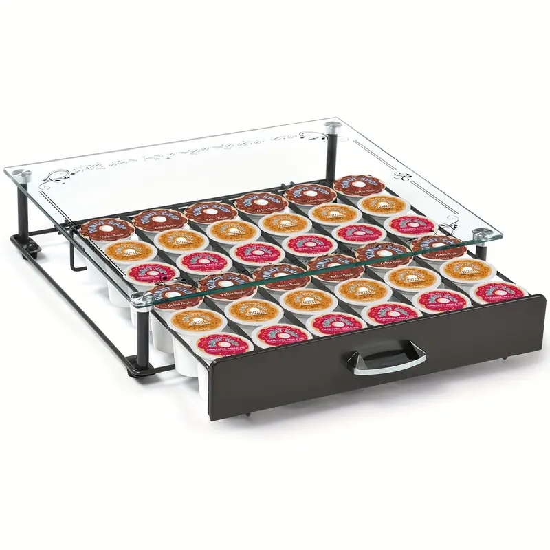 Compatible with 36 One Capsule Capacity K Cup Holder, Crystal Tempered Glass Coffee Capsule Holder Drawer K Cup Holder Organizing Storage Rack, Suitable for Counter Cafe Kitchen Home Office-14.2*13.4*3.3 Inch-Dark Gray