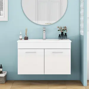 32-Inch Bathroom Vanity With Sink Combo, Wall-Mounted Bathroom Vanity with Double Doors, Wall Mount Bathroom Cabinet, , Soft Close Hinges, Long metal handles, Ceramic basin, Glossy White