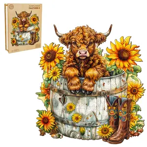 Sunflower Pasture-2 Wooden Jigsaw Puzzle for Adults and Kids Unique Shape Animal Wood Puzzles Challenging Puzzle, Family Game Creative Gifts，Laser-Cut Durable HDF Wood Puzzle