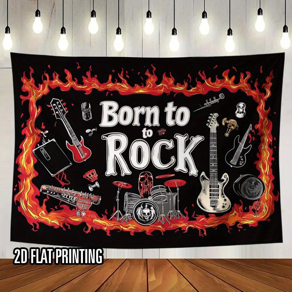 1pc Polyester Soft Fabric "Born to Rock" 1950's Retro Backdrop Banner - Extra Large 2D Flat Print, Electric Guitar, Bass Drums, Microphone Decor for Rock Fans' Birthday Photo Props, Glam Indoor White Ornaments