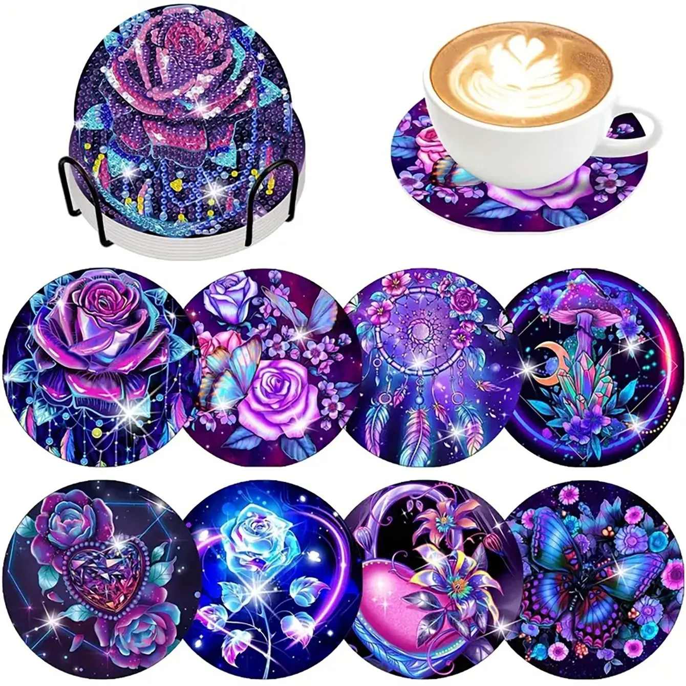Rose Diamond Embroidery Coasters Set, Sparkling Rhinestone Heat Resistant Coasters for Drinks with Stand, DIY Craft Supplies for Beginners, Diamond Painting Coasters, Diamond Art Coasters